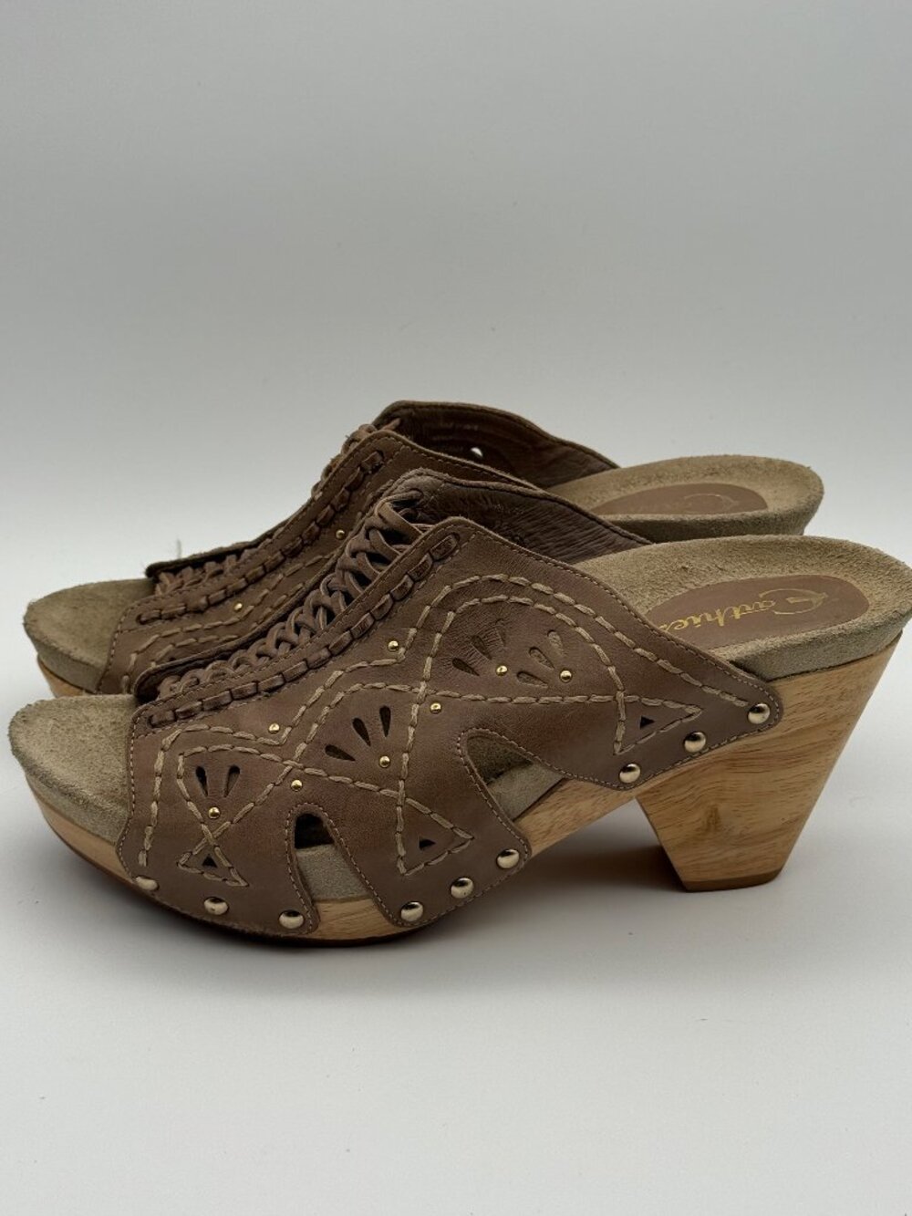 Earthies Riviera Brown Leather Wedge Clog Mules Size 9B